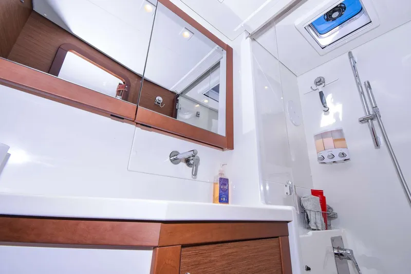 Rapscallion Yacht Photos Pics Luxurious bathroom interior of 2018 Lagoon 450 F yacht with modern fixtures.