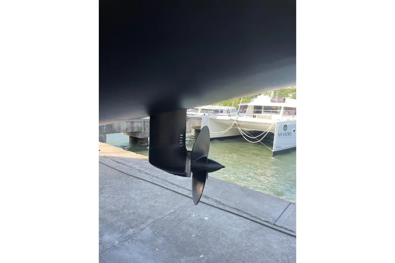 Rapscallion Yacht Photos Pics Propeller of 2018 Lagoon 450 F catamaran docked at marina.