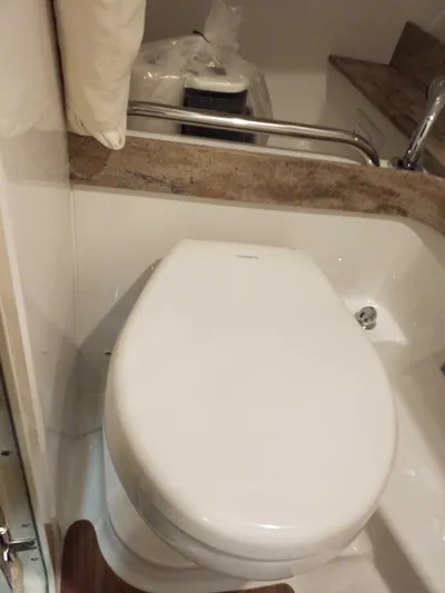  Yacht Photos Pics 2019 Formula 350 Crossover Bowrider OB bathroom with modern toilet and countertop.