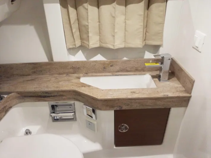  Yacht Photos Pics 2019 Formula 350 Crossover Bowrider OB bathroom with modern sink and countertop.