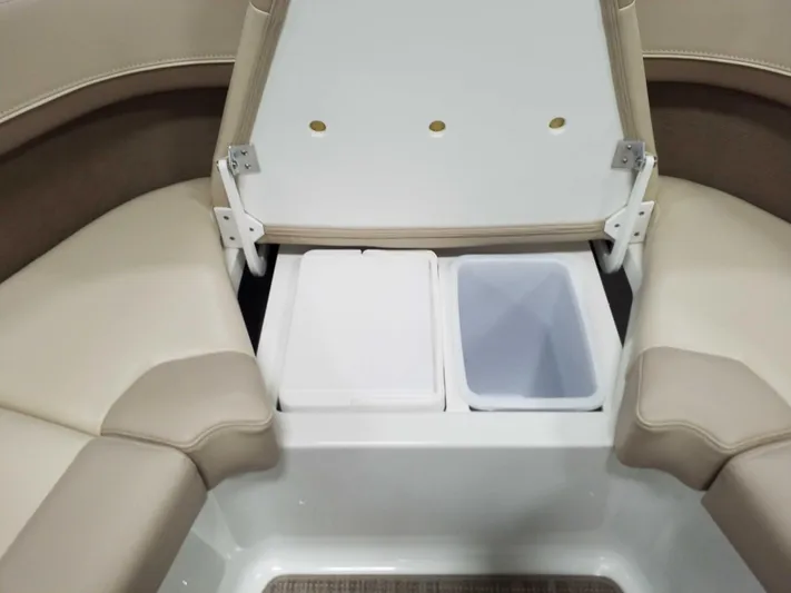  Yacht Photos Pics 2019 Formula 350 Crossover Bowrider OB interior storage compartments with beige seating.