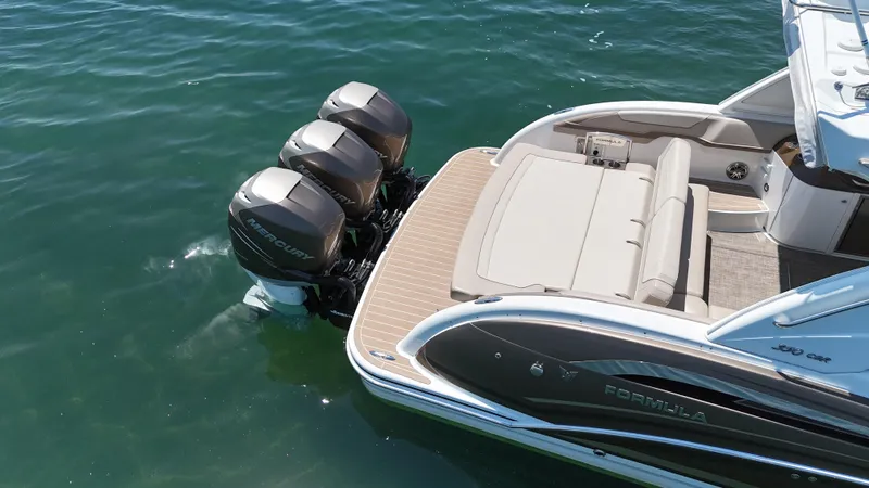  Yacht Photos Pics 2019 Formula 350 Crossover Bowrider OB with triple Mercury outboard engines on water.