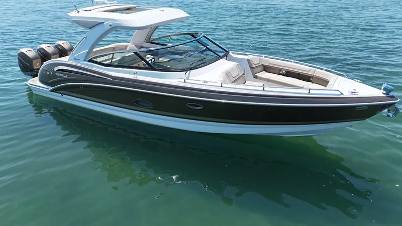  Yacht Photos Pics 2019 Formula 350 Crossover Bowrider OB on calm water, showcasing sleek design and triple outboard engines.