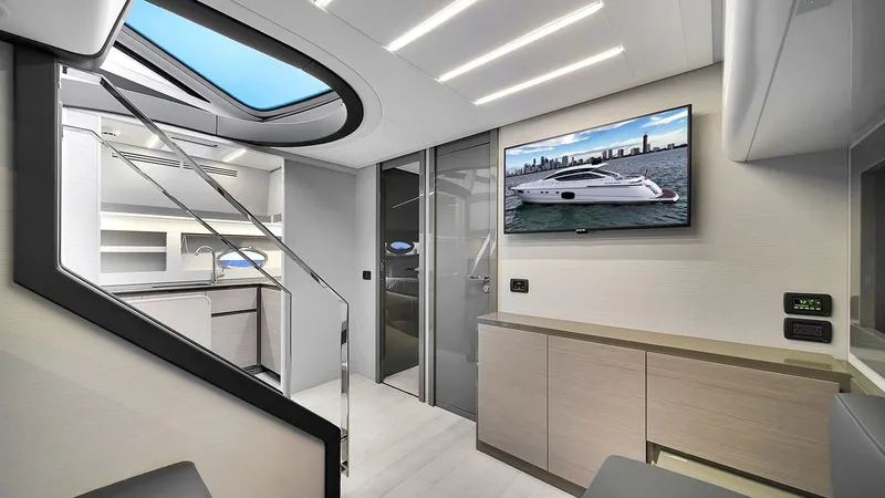  Yacht Photos Pics Luxurious interior of 2020 Pershing 62 yacht with modern design and sleek finishes.