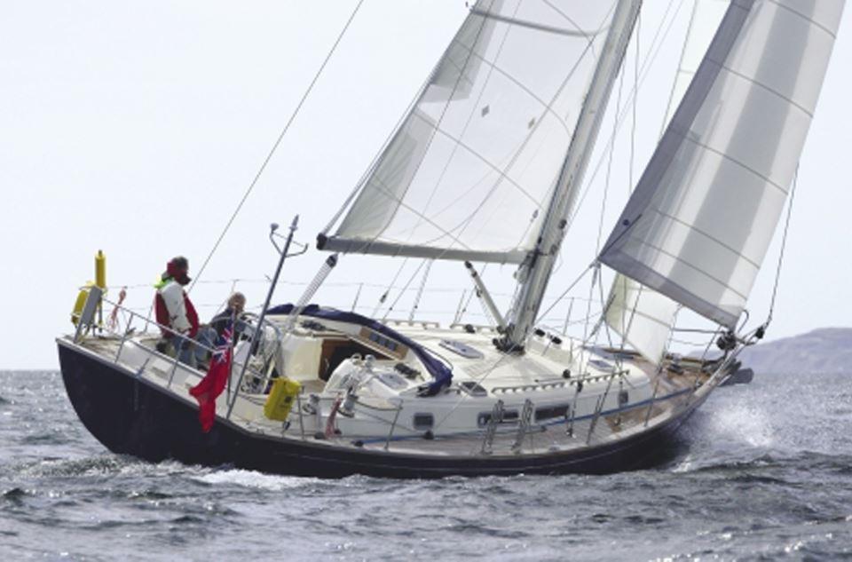 Sailing yacht Rustler 42, 2025 model, navigating through open waters.