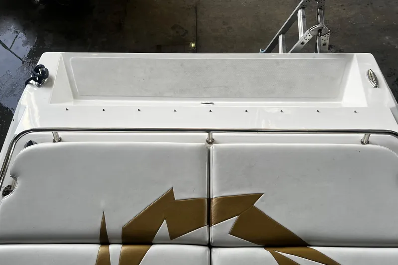  Yacht Photos Pics 2009 Fountain 42 Executioner boat with white and gold seating, docked indoors.