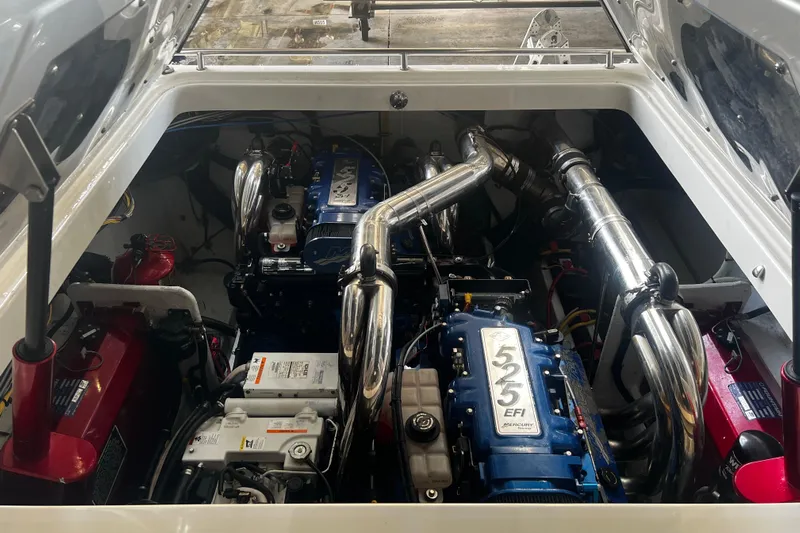  Yacht Photos Pics Engine compartment of a 2009 Fountain 42 Executioner boat with dual Mercury 525 EFI engines.