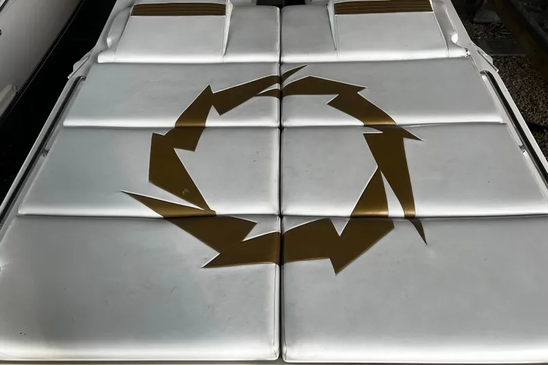  Yacht Photos Pics 2009 Fountain 42 Executioner boat upholstery with gold geometric design.