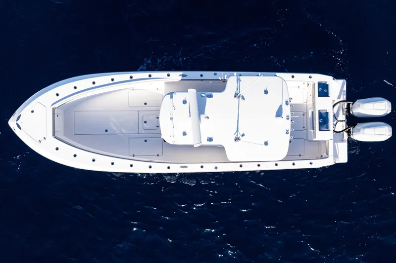  Yacht Photos Pics Top view of 2026 SeaVee 320B boat with dual outboard motors on open water.