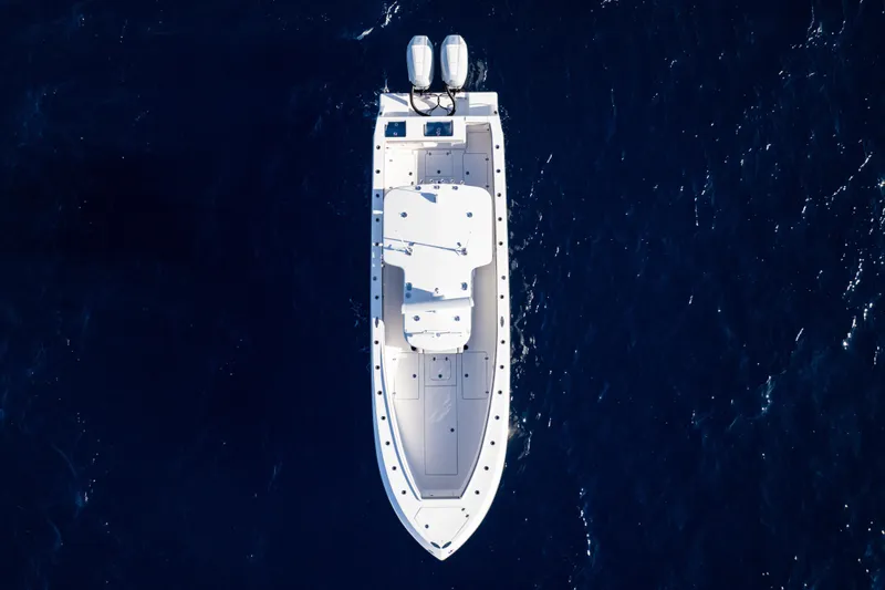  Yacht Photos Pics Aerial view of 2026 SeaVee 320B boat on deep blue ocean water.