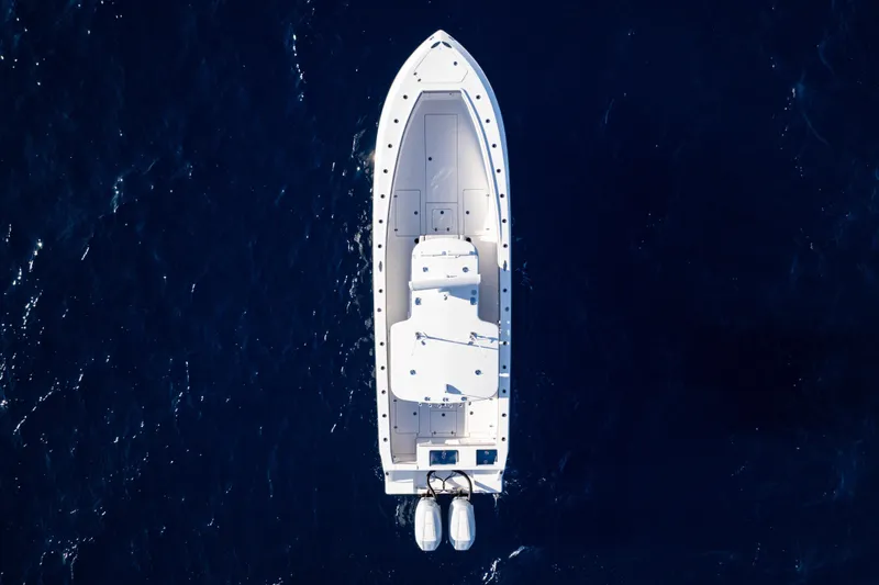  Yacht Photos Pics Aerial view of 2026 SeaVee 320B boat on deep blue ocean.