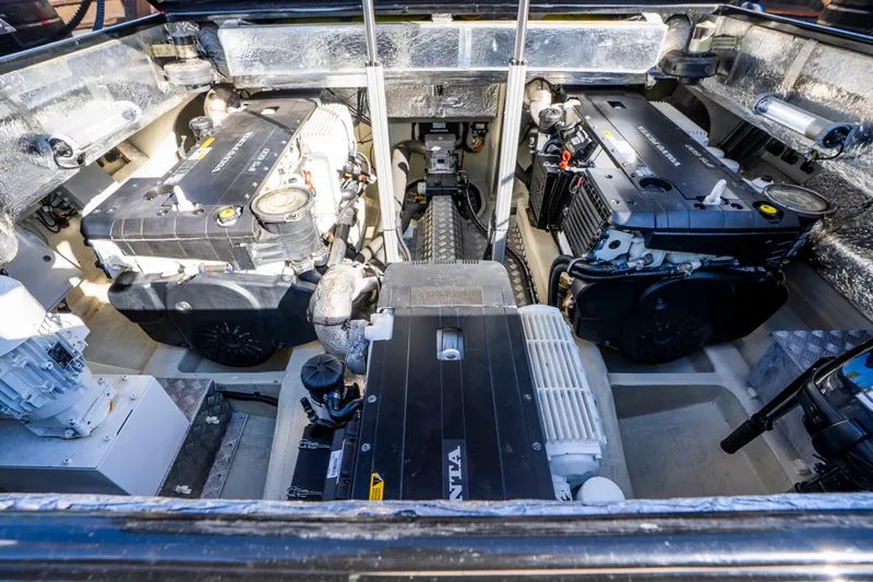 Dragon Yacht Photos Pics Engine compartment of 2017 Windy SR52 Blackbird, showcasing powerful Volvo Penta engines.