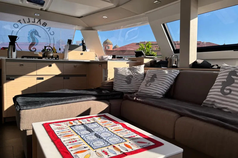 Cabalito De Mar Yacht Photos Pics Luxurious interior of 2024 Fountaine Pajot Catamaran Elba 45 with modern kitchen and cozy seating.