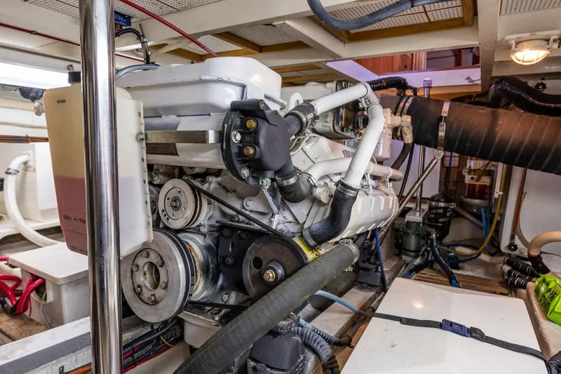 Voyageur Yacht Photos Pics Engine room of a 1995 Grand Banks Aft Cabin 42 Classic yacht.