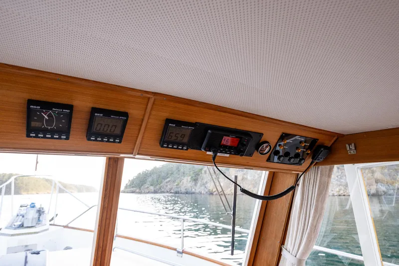 Voyageur Yacht Photos Pics Control panel of a 1995 Grand Banks Aft Cabin 42 Classic yacht.