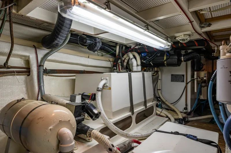 Voyageur Yacht Photos Pics Engine room of a 1995 Grand Banks Aft Cabin 42 Classic yacht.