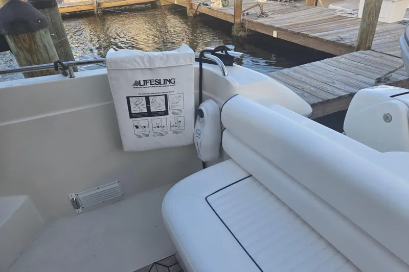 Solitude Yacht Photos Pics Sunseeker Manhattan 48 yacht interior with Lifesling safety device, dockside view, 1997 model.