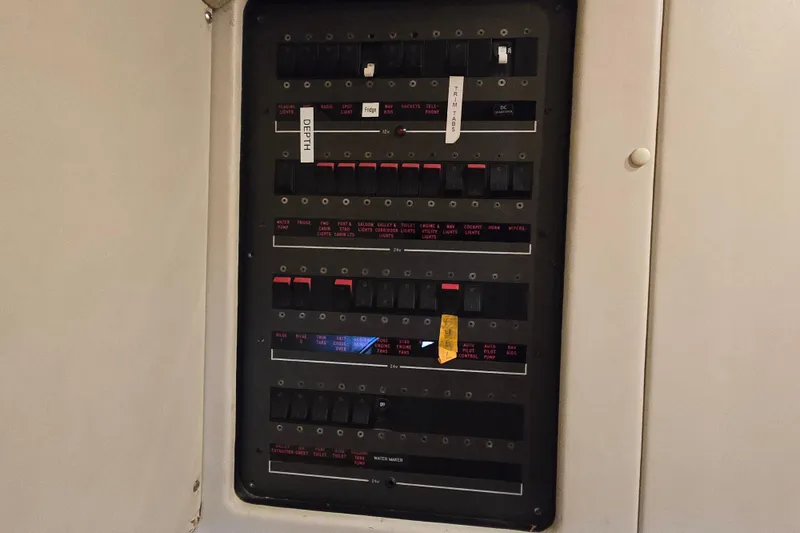 Solitude Yacht Photos Pics Electrical control panel on a 1997 Sunseeker Manhattan 48 yacht.