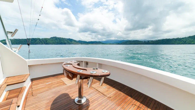 Manudito Yacht Photos Pics Aft deck of 2009 Viking 50C yacht with scenic ocean view.