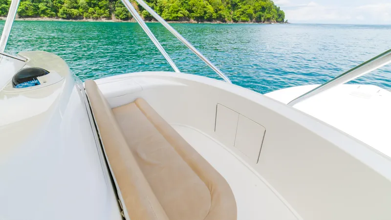 Manudito Yacht Photos Pics 2009 Viking 50C boat with tan seating, cruising on clear blue water near a lush green island.