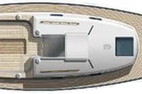Overhead view of a 2017 Rustler 33 sailboat, showcasing its deck layout and design.