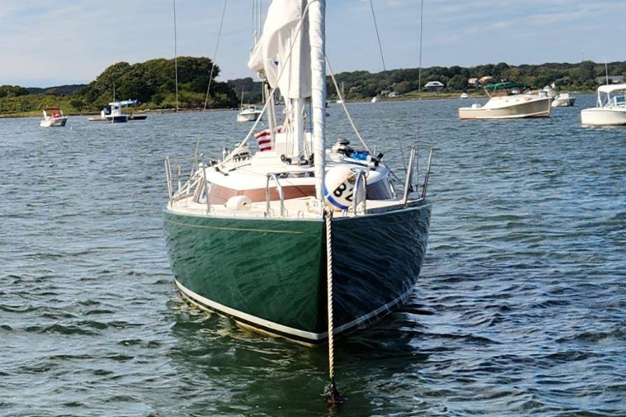 2017 Rustler 33 sailboat anchored in a scenic harbor.