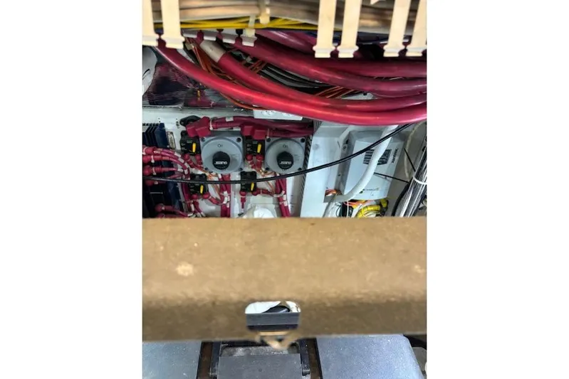  Yacht Photos Pics Engine room of 2004 Carver 466 Motor Yacht with visible wiring and components.