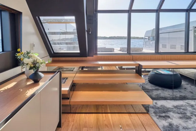  Yacht Photos Pics Luxurious interior of 2024 Bluegame BGX63 yacht with modern design and scenic ocean view.