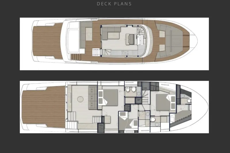  Yacht Photos Pics Deck plans of the 2024 Bluegame BGX63 yacht, showcasing upper and lower layouts.