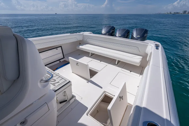  Yacht Photos Pics 2017 Intrepid 400 Center Console boat interior with open storage compartments.