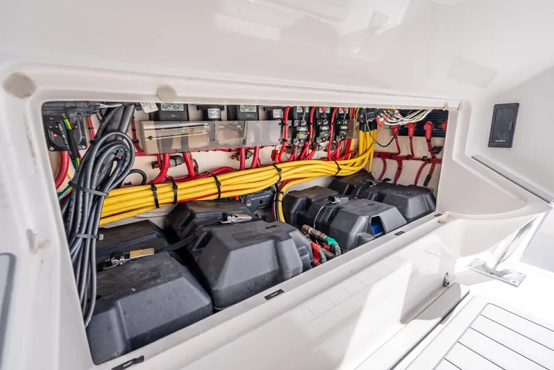  Yacht Photos Pics 2017 Intrepid 400 Center Console electrical compartment with organized wiring and battery storage.