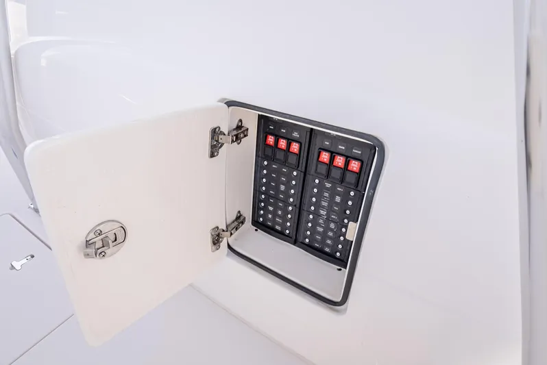  Yacht Photos Pics Electrical panel on 2017 Intrepid 400 Center Console boat with open access door.