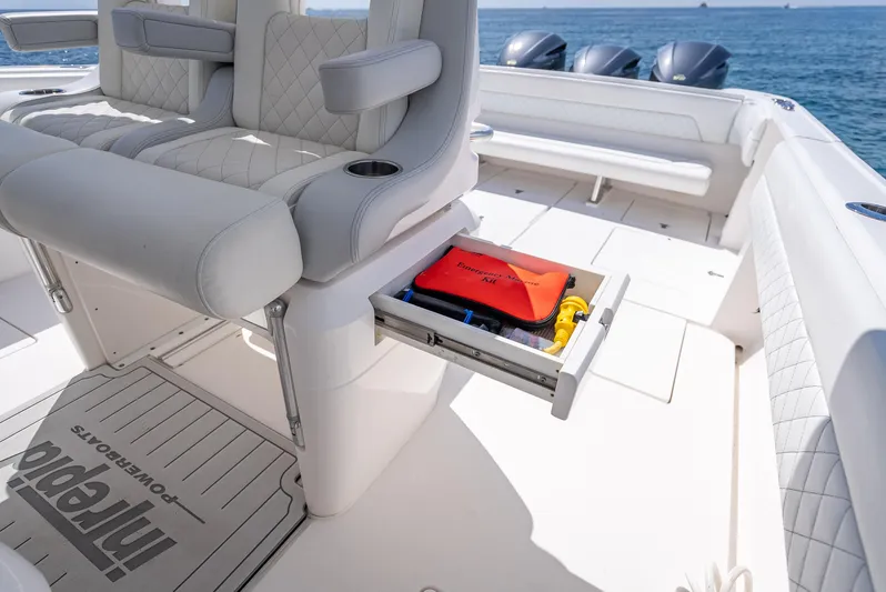  Yacht Photos Pics 2017 Intrepid 400 Center Console boat interior with storage drawer open.