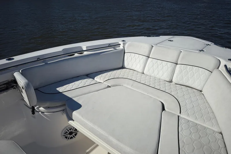 Lucky Penny Yacht Photos Pics Luxurious seating on 2022 Sea Fox 288 Commander boat, featuring elegant upholstery design.