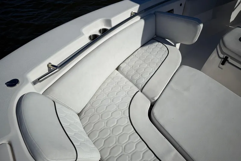 Lucky Penny Yacht Photos Pics Luxurious seating on 2022 Sea Fox 288 Commander boat with elegant white upholstery.