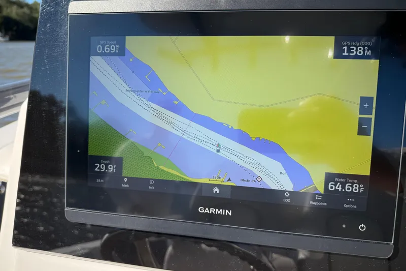 Lucky Penny Yacht Photos Pics Garmin navigation display on 2022 Sea Fox 288 Commander, showing waterway map and data.