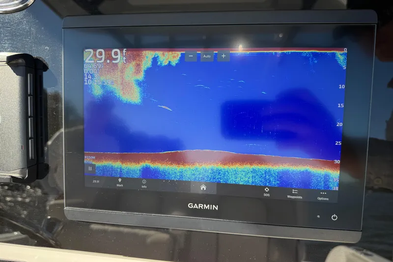Lucky Penny Yacht Photos Pics Garmin fishfinder display on 2022 Sea Fox 288 Commander boat, showing underwater depth.