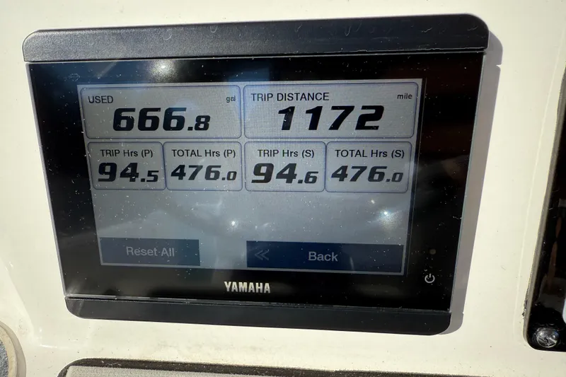 Lucky Penny Yacht Photos Pics Yamaha display showing fuel usage and trip distance on 2022 Sea Fox 288 Commander.