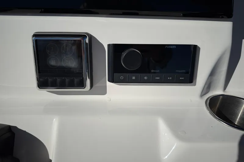 Lucky Penny Yacht Photos Pics Control panel on 2022 Sea Fox 288 Commander boat dashboard with audio system.