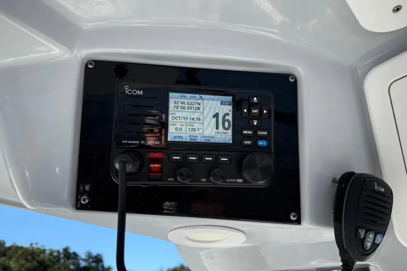 Lucky Penny Yacht Photos Pics VHF marine radio on 2022 Sea Fox 288 Commander boat dashboard.