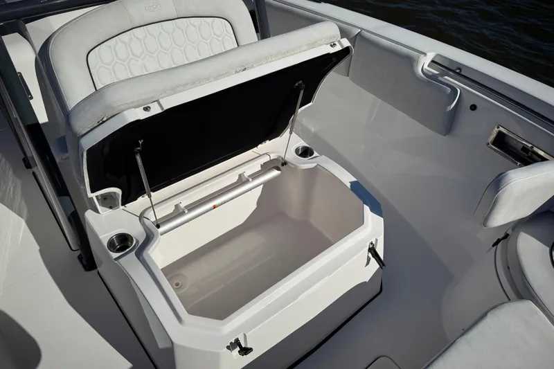 Lucky Penny Yacht Photos Pics 2022 Sea Fox 288 Commander boat with open storage compartment and seating.