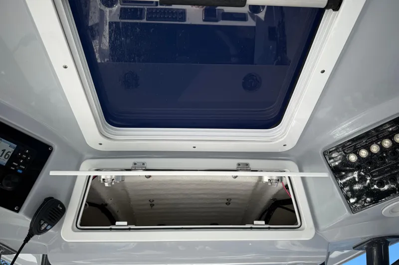 Lucky Penny Yacht Photos Pics Interior view of 2022 Sea Fox 288 Commander boat's hatch and control panel.