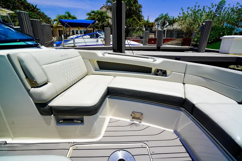  Yacht Photos Pics 2022 Sea Ray SLX 310 OB boat with luxurious seating and sleek design.