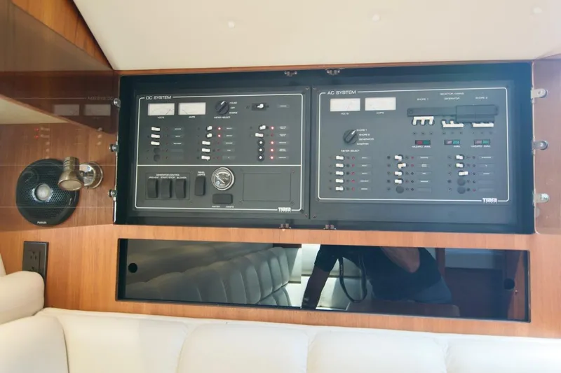 Revelry Yacht Photos Pics Electrical control panel on a 2002 Tiara Yachts 3500 Open boat interior.