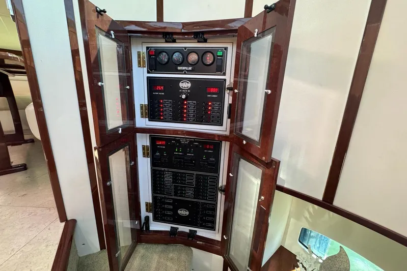 My Reality Yacht Photos Pics Electrical control panel on 2012 Neptunus 62 Flybridge yacht, featuring gauges and switches.