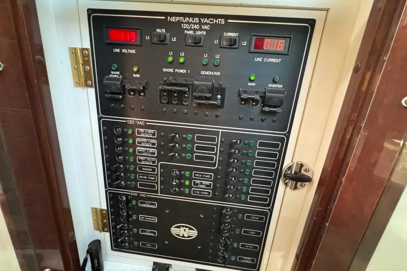 My Reality Yacht Photos Pics Electrical control panel on a 2012 Neptunus 62 Flybridge yacht.