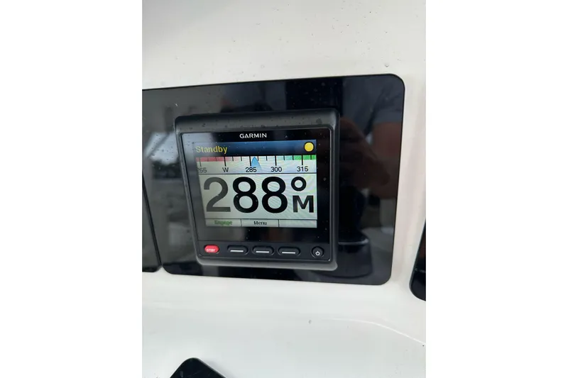 My Reality Yacht Photos Pics Garmin navigation display on 2012 Neptunus 62 Flybridge, showing heading 288 degrees.