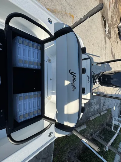  Yacht Photos Pics 2025 Yellowfin 24 CE boat, rear view, showcasing sleek design and branding.