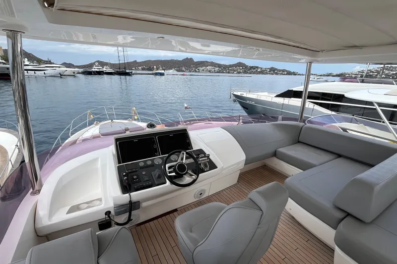  Yacht Photos Pics Flybridge of 2016 Princess 68 Yacht with helm, seating, and ocean view.