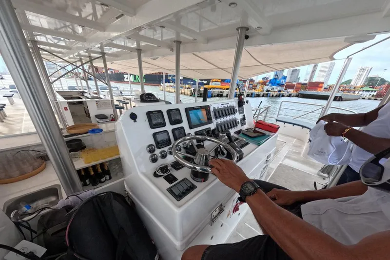  Yacht Photos Pics Interior view of 2024 Custom PaxCat 80 yacht cockpit with advanced navigation controls.